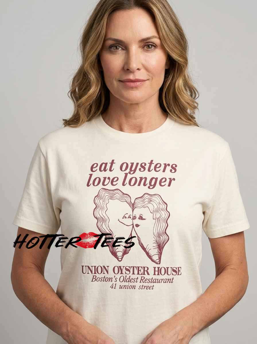 Inspired Humorous 80s Eat Oyster Love Longer Shirt featuring retro typography, vintage seafood-inspired graphics, playful slogan artwork, nostalgic 1980s aesthetics, and casual graphic apparel.