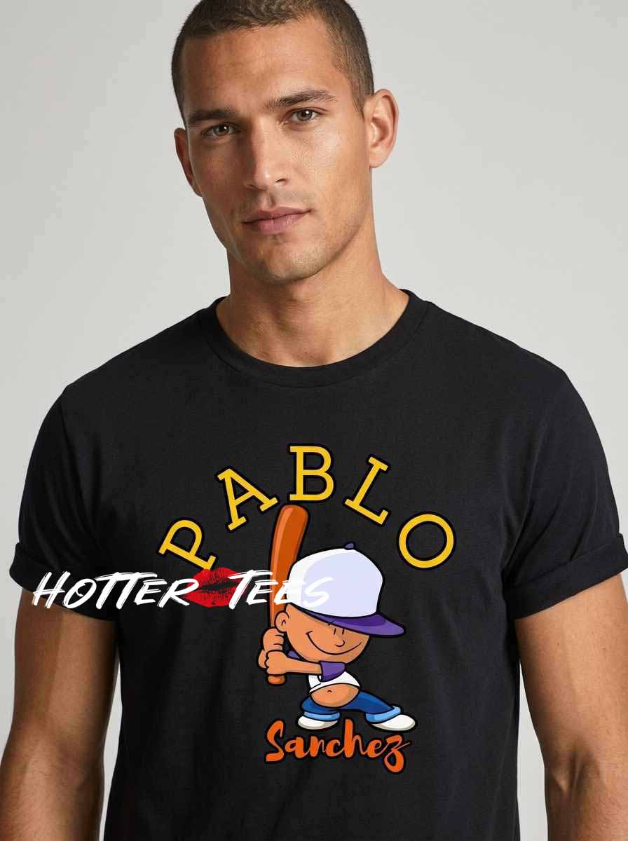 Pablo Sanchez Funny Character Baseball Shirt featuring iconic baseball character artwork, playful sports graphics, nostalgic video game aesthetics, and humorous fan apparel for baseball and gaming fans