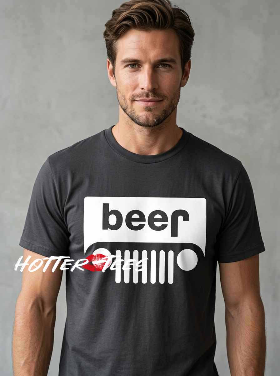 Vintage Style Beer Upside Down Jeep Shirt featuring retro Jeep artwork, humorous beer graphics, distressed typography, outdoor adventure aesthetics, and classic automotive-inspired style